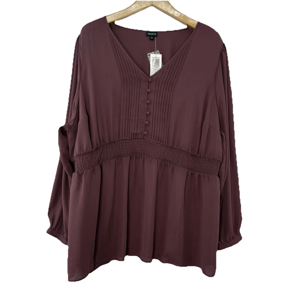 Torrid Sz 4 (26/28) Wine Baby Doll Georgette Pintuck Long Sleeve Sheer Blouse‎
